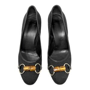 Gucci Black‎ GG Monogram Pumps Bamboo Heel Designer Heels 39